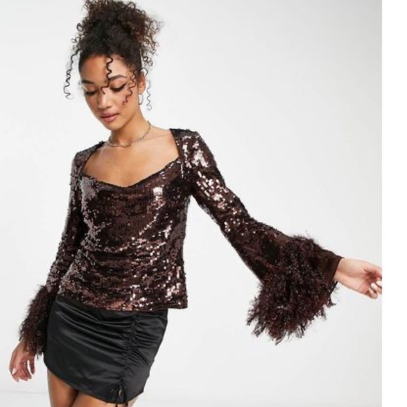 ASOS embellished long sleeve top with feather cuff & cowl neck detail in brown - Picture 1 of 3